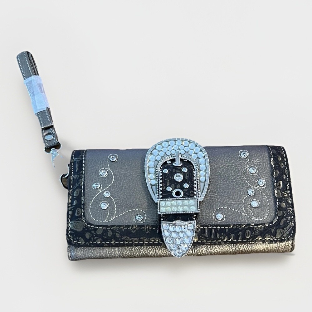Montana West Western Rhinestone Buckle Wristlet Wallet Bronze Brown